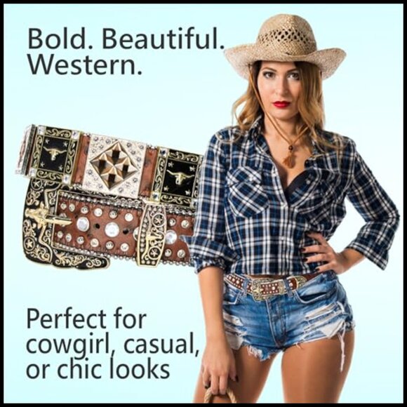 Genuine Leather Rhinestone Belt Western Style with Crystal Studs main image 7